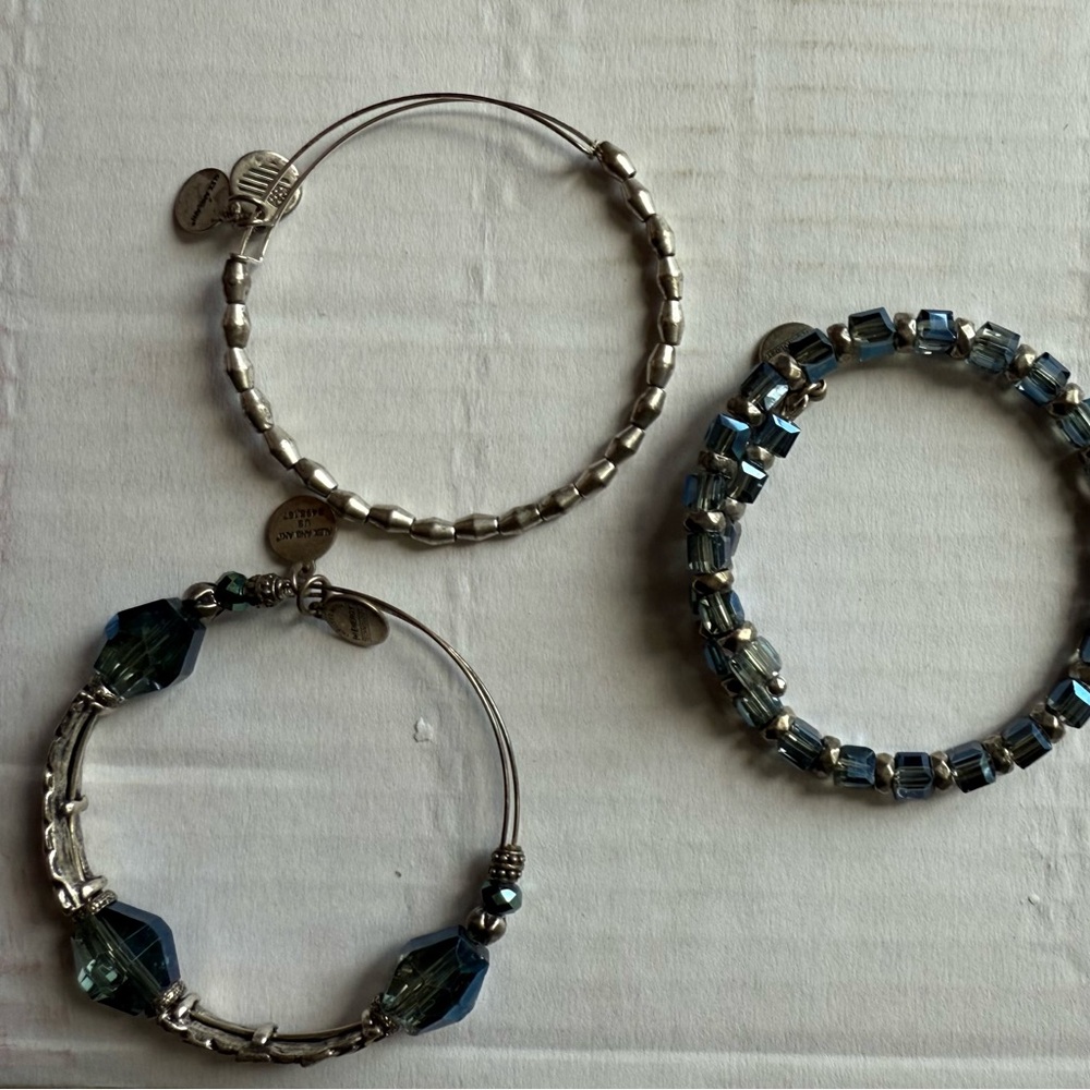 3 Alex & Ani Elegant Silver and Blue Beaded Bracelets Set